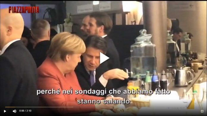 Giuseppe Conte e Angela Merkel nel video di Piazzapulita trasmesso su La7