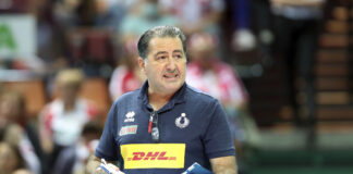 Italy's coach Ferdinando De Giorgi reacts during the EuroVolley 2021 semi-final volleyball match between Italy and Serbia in Katowice, Poland, Saturday, Sept. 18, 2021. (AP Photo/Jakub Piasecki)