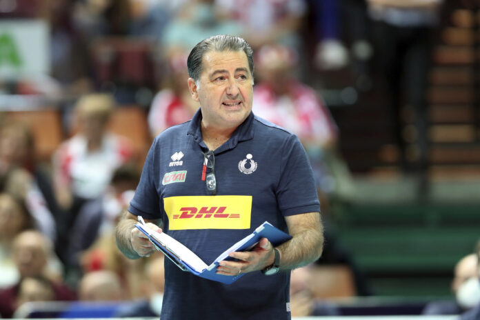 Italy's coach Ferdinando De Giorgi reacts during the EuroVolley 2021 semi-final volleyball match between Italy and Serbia in Katowice, Poland, Saturday, Sept. 18, 2021. (AP Photo/Jakub Piasecki)