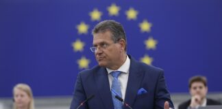 European Commission vice president Maros Sefcovic speaks during a session on the preparation of the European Council meeting of 29-30 June 2023, Wednesday, June 14, 2023 at the European Parliament in Strasbourg, eastern France. (AP Photo/Jean-Francois Badias) Associated Press/LaPresse Only Italy And Spain