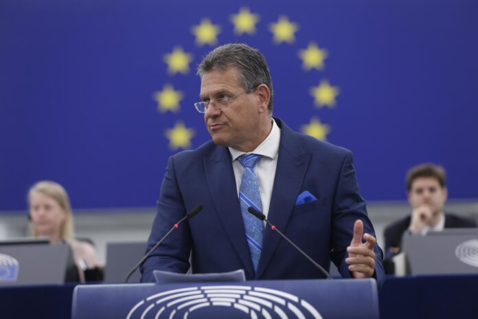 European Commission vice president Maros Sefcovic speaks during a session on the preparation of the European Council meeting of 29-30 June 2023, Wednesday, June 14, 2023 at the European Parliament in Strasbourg, eastern France. (AP Photo/Jean-Francois Badias) Associated Press/LaPresse Only Italy And Spain