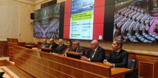 Il tavolo dei relatori nella Sala Caduti di Nassiriya di Palazzo Madama, da sinistra Carlo Spirito, Francesco Marino, Giuseppe Di Domenica, Mariolina Castellone, Franco Zaffini e Mario Balzanelli