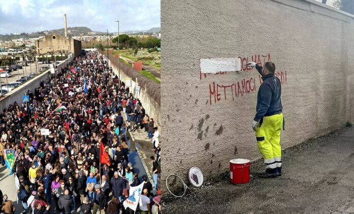 Manifestazione a Bagnoli e scritta rimossa su Manfredi
