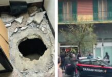 Caccia aperta ai dieci rapinatori della banca. L’auto all’ingresso per ingannare i militari La foto del buco nel pavimento della filiale della banca