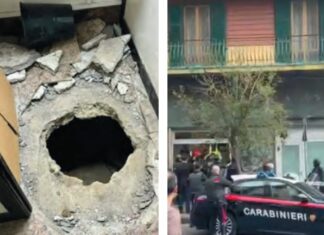 Caccia aperta ai dieci rapinatori della banca. L’auto all’ingresso per ingannare i militari La foto del buco nel pavimento della filiale della banca