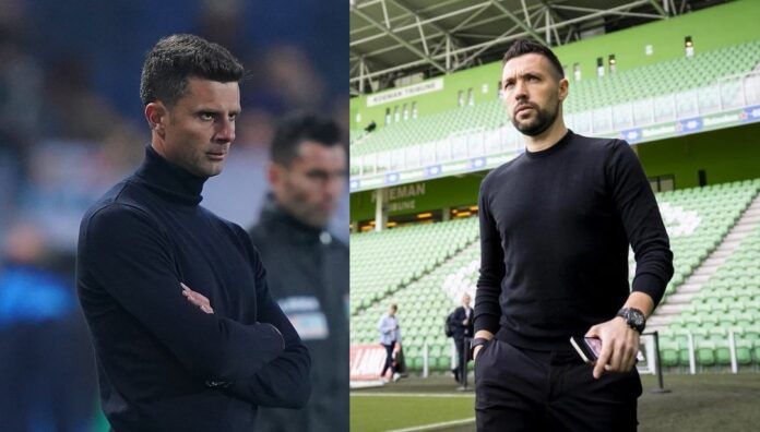 Atalanta vs Spezia - Serie A TIM 2021/2022 Foto Spada/LaPresse 20 Novembre 2021 - Bergamo, Italia Sport, Calcio Atalanta vs Spezia - Campionato italiano di calcio Serie A TIM 2021/2022 - Stadio Gewis Nella foto:spall Thiago Motta (Spezia Calcio); Photo Spada/LaPresse November 20 , 2021 - Bergamo ,Italy Sport, Soccer Atalanta vs Spezia - Italian Serie A Football Championship 2021/2022 - Gewis Stadium In the photo: spall Thiago Motta (Spezia Calcio);