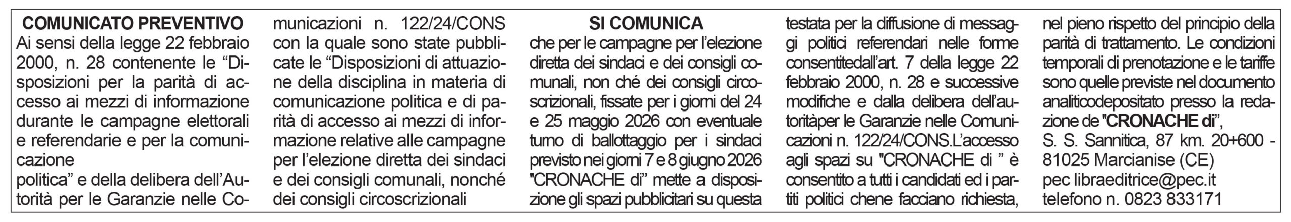 comunicato preventivo 2026 elezioni comunali elettorale amministrative