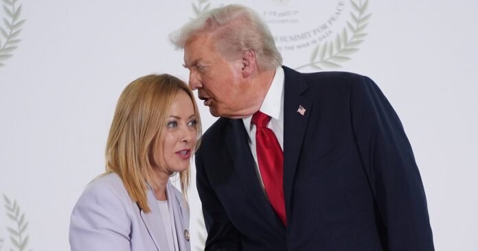 FILE -President Donald Trump greets Italy's Prime Minister Giorgia Meloni during summit to support ending the more than two-year Israel-Hamas war in Gaza after a breakthrough ceasefire deal, Oct. 13, 2025, in Sharm El Sheikh, Egypt. (AP Photo/Evan Vucci, Pool, File)